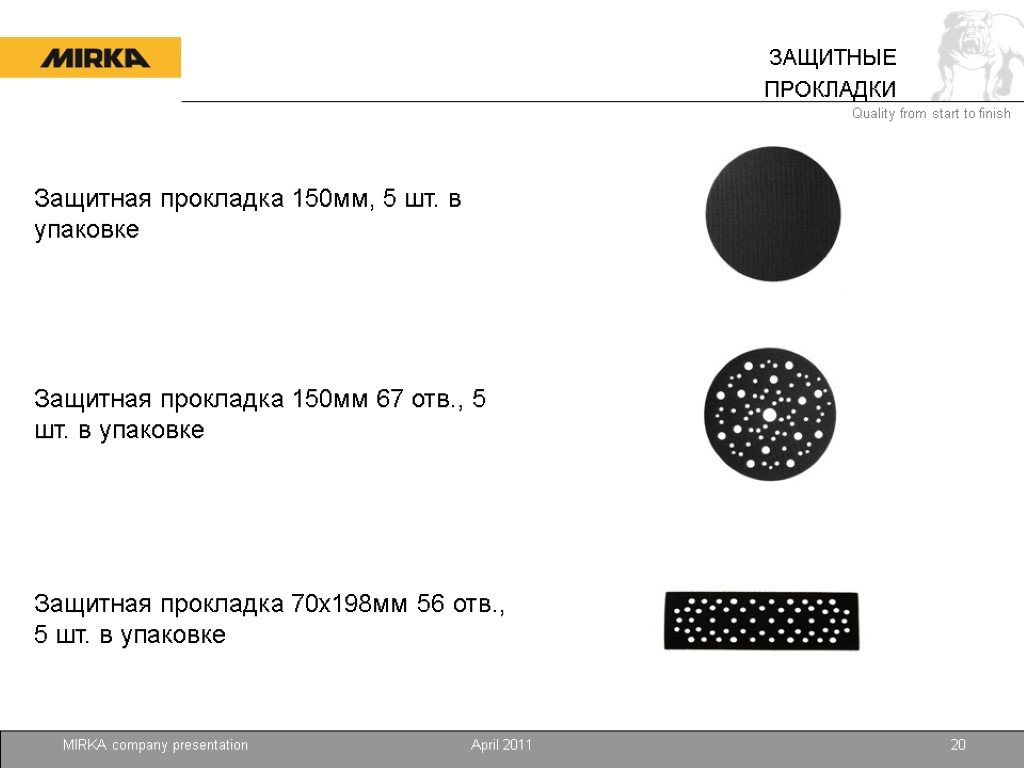 April 2011 MIRKA company presentation 20 Защитная прокладка 150мм, 5 шт. в упаковке Защитная